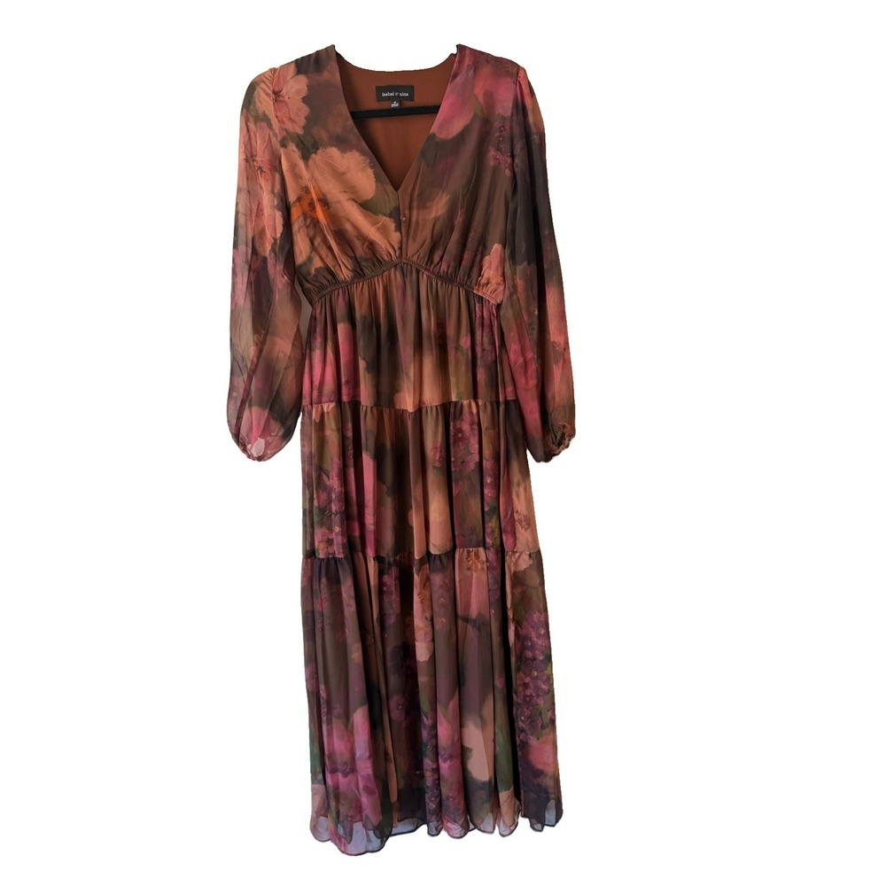 Isabel & Nina Women Sz 4 Floral Mesh Maxi Dress V-Neck Tiered Long Sleeve Brown